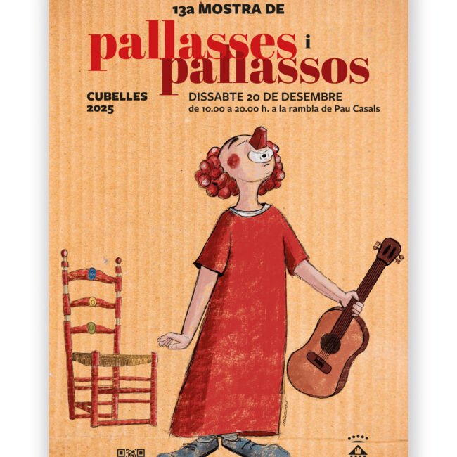 Cartell de la 13a Mostra de Pallasses i Pallassos de Cubelles 2025, amb il·lustració d'un pallasso vestit de vermell amb guitarra i cadira